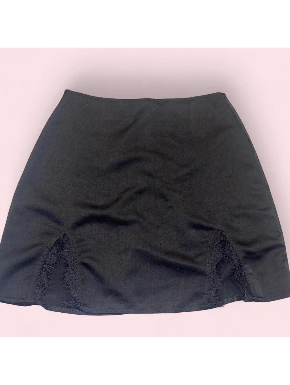 SHEIN black mini skirt with lace detailing on the hem slits, size S